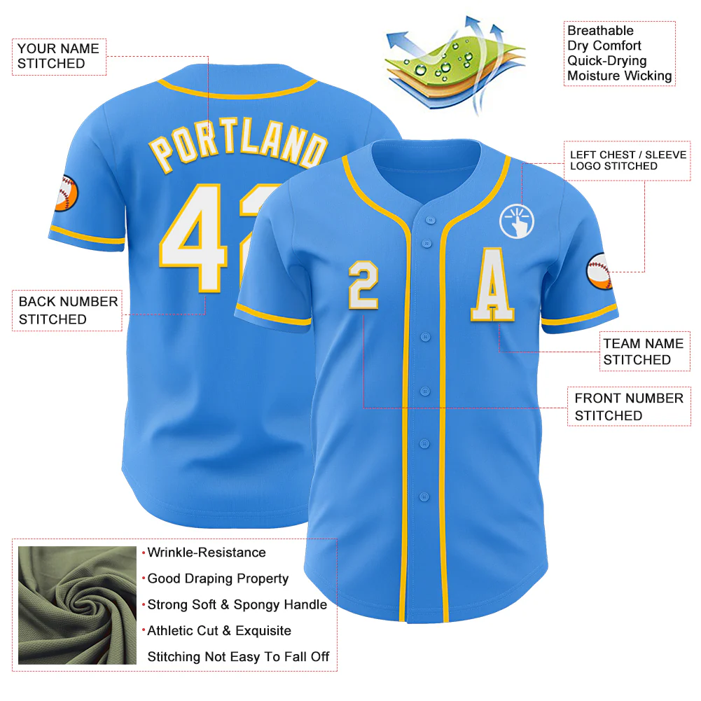 Custom Electric Blue White-Yellow Authentic Baseball Jersey - Image 2