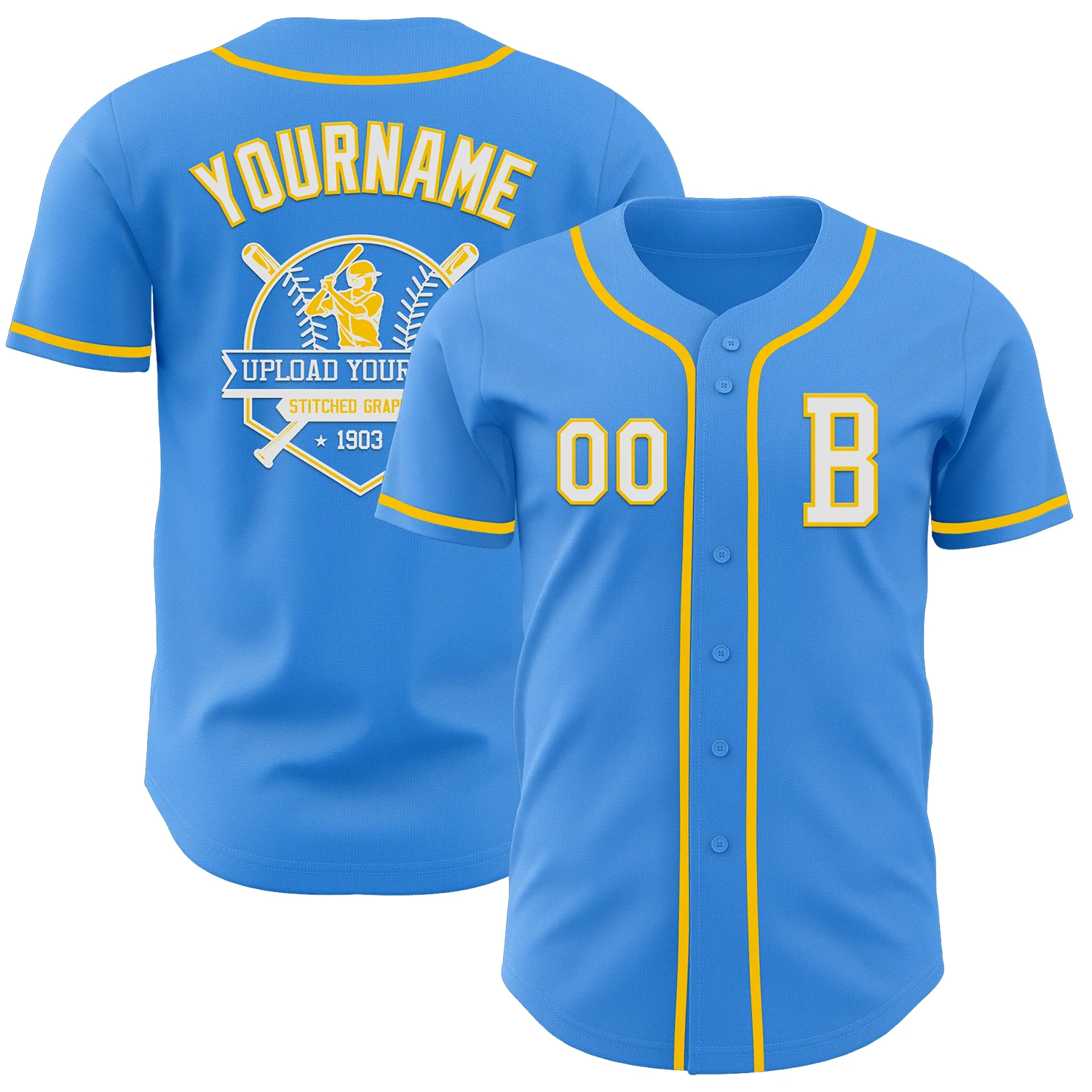 Custom Electric Blue White-Yellow Authentic Baseball Jersey - Image 5
