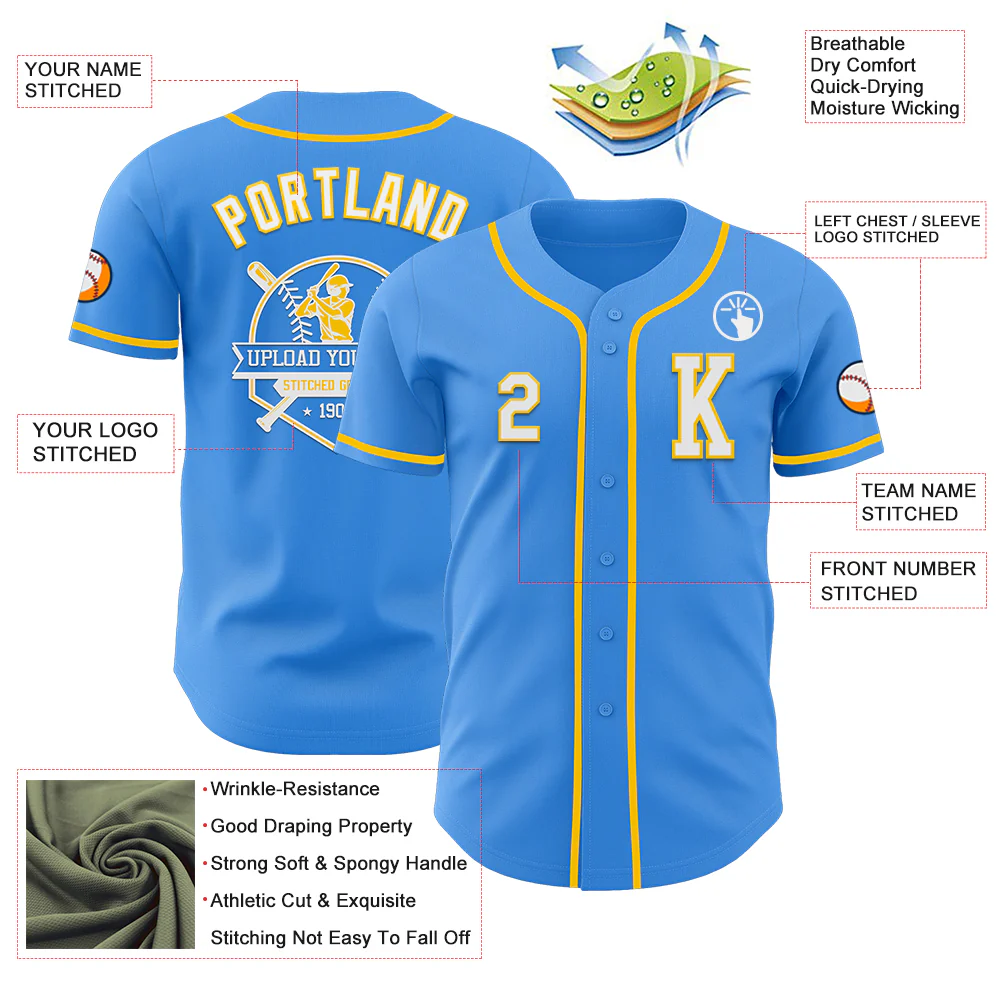 Custom Electric Blue White-Yellow Authentic Baseball Jersey - Image 6