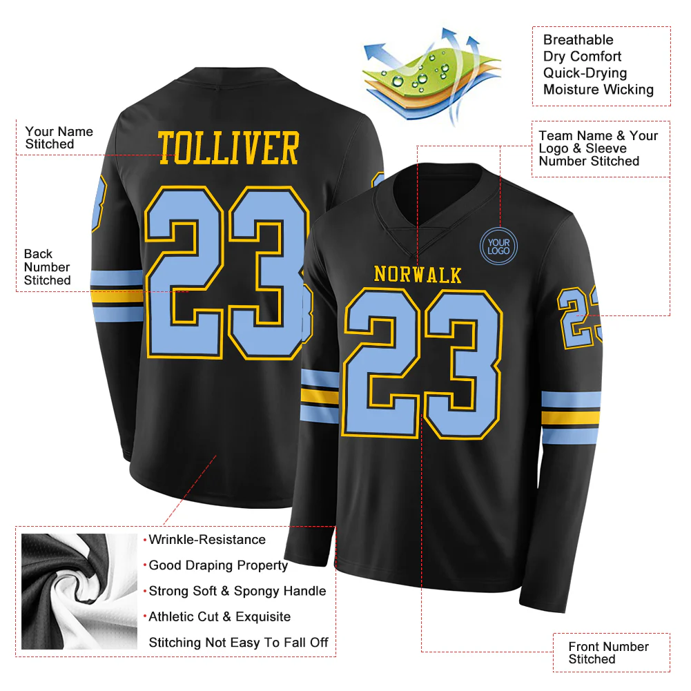 Custom Black Light Blue-Yellow Long Sleeve Authentic Football Jersey - Image 2