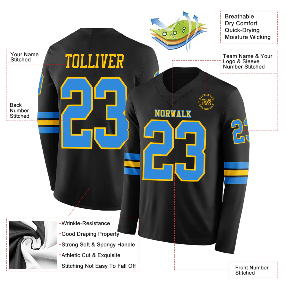 Custom Black Powder Blue-Yellow Long Sleeve Authentic Football Jersey - Image 2