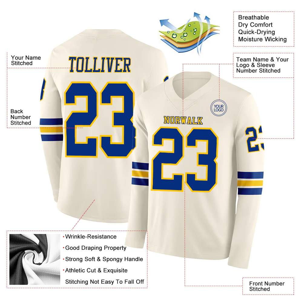 Custom Cream Royal-Yellow Long Sleeve Authentic Football Jersey - Image 2