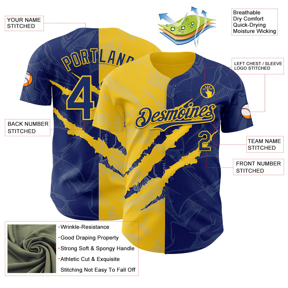 Custom Graffiti Pattern Royal-Yellow 3D Scratch Authentic Baseball Jersey - Image 3