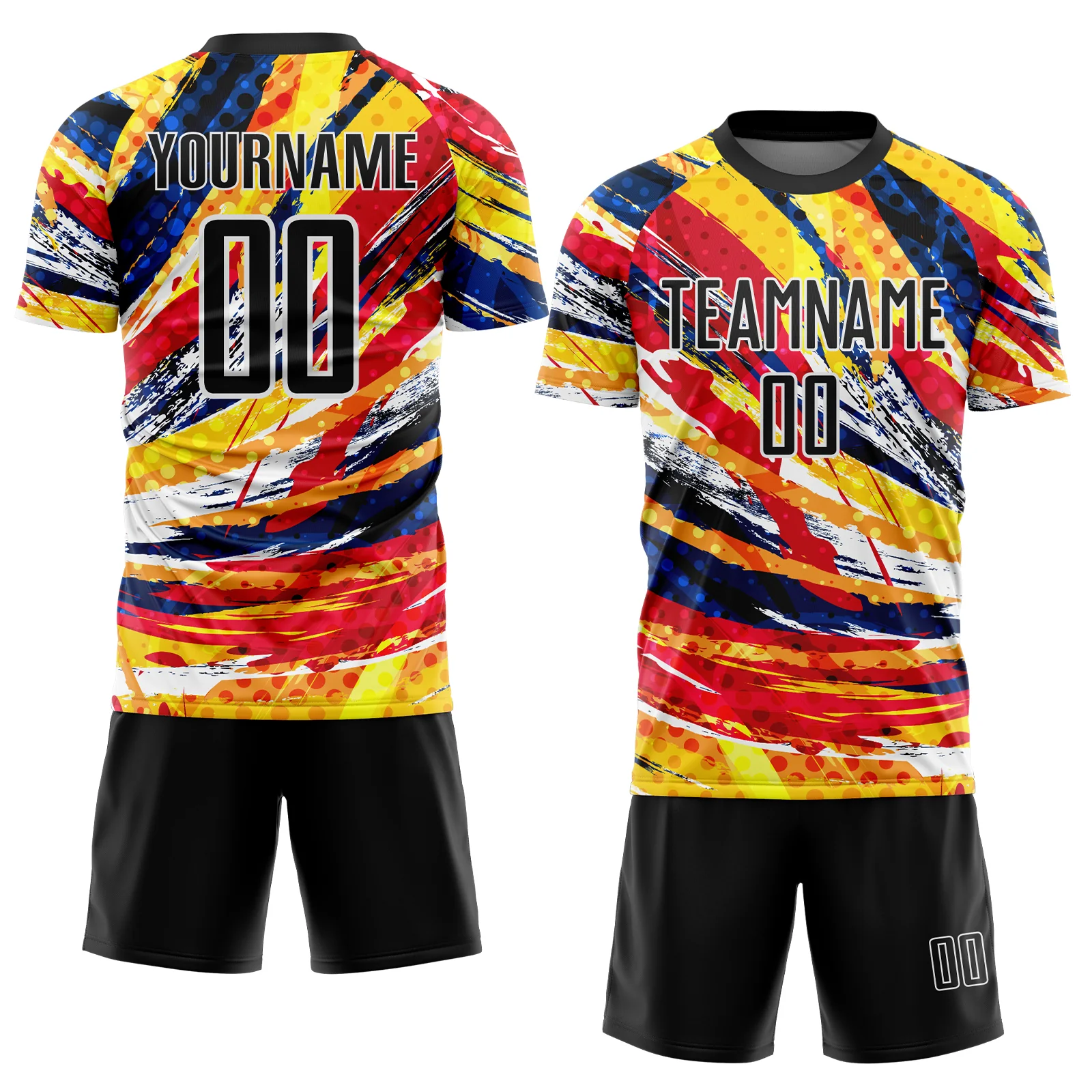 Custom Graffiti Pattern Black Yellow Blue-Red Colombia Brush Stroke Halftone Dot Pattern Sublimation Soccer Uniform Jersey - Image 2