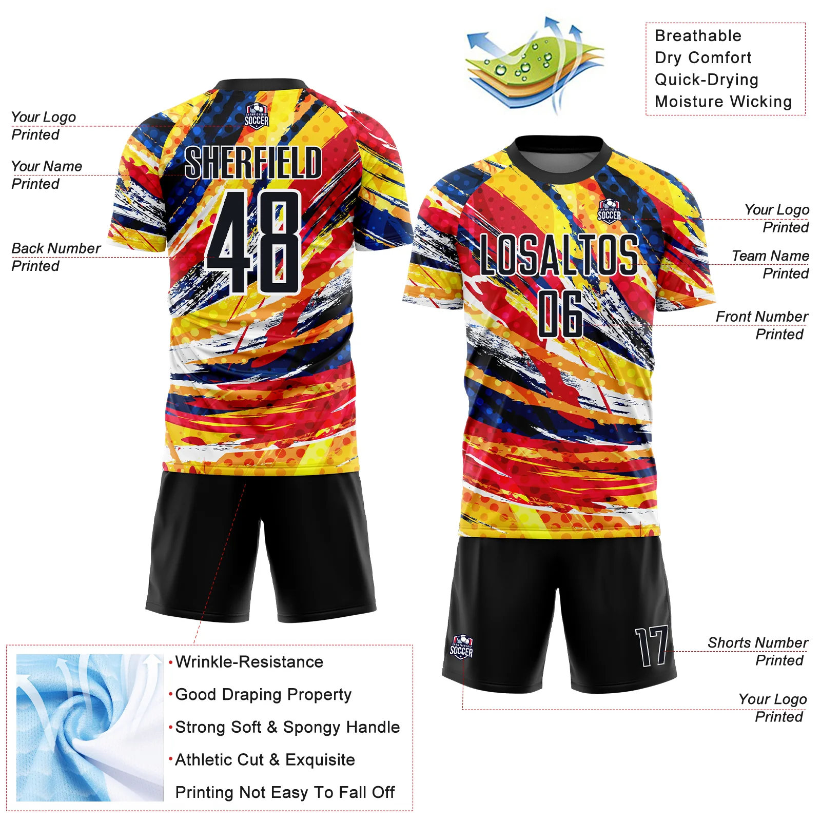 Custom Graffiti Pattern Black Yellow Blue-Red Colombia Brush Stroke Halftone Dot Pattern Sublimation Soccer Uniform Jersey - Image 4