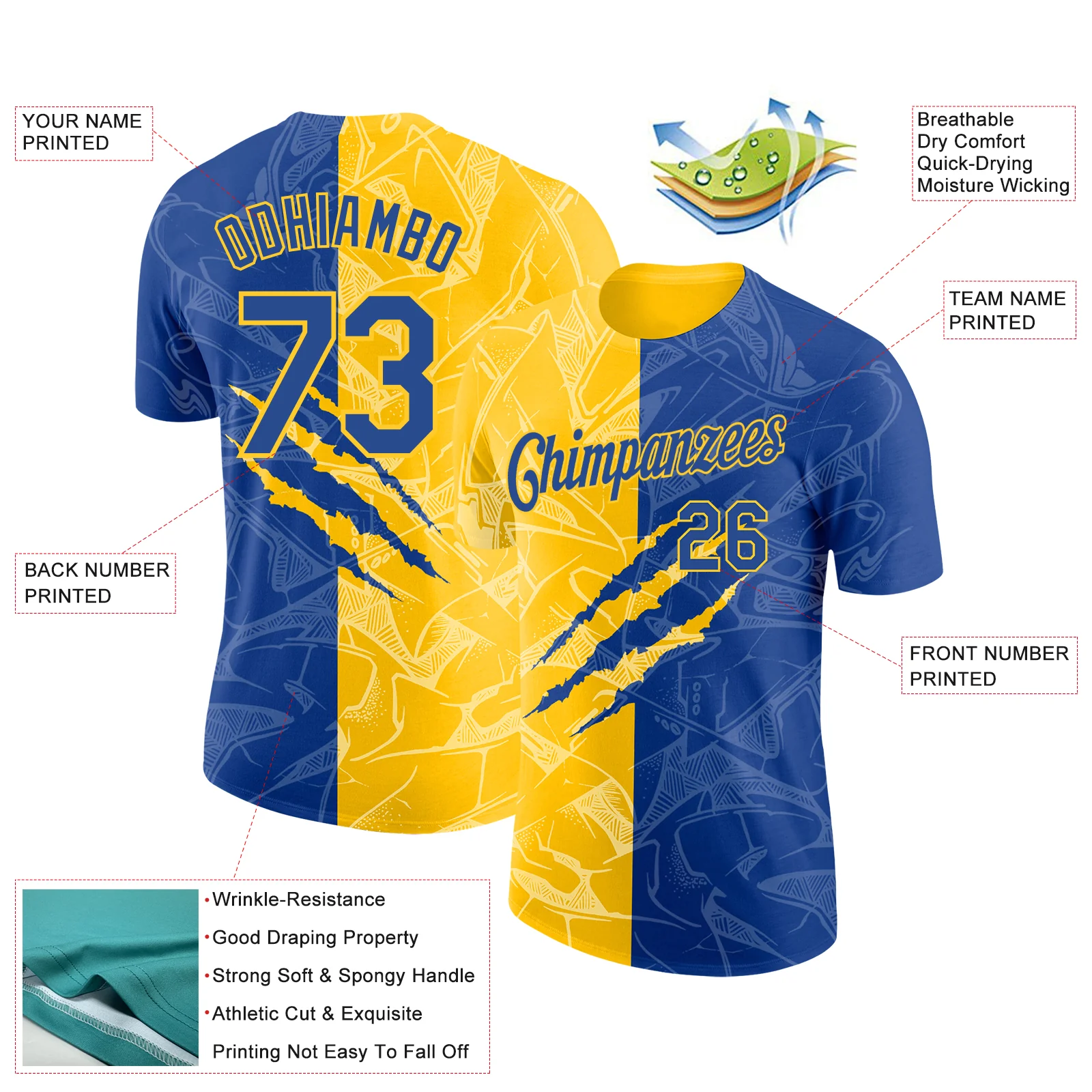 Custom Graffiti Pattern Royal-Yellow Scratch 3D Performance T-Shirt - Image 2
