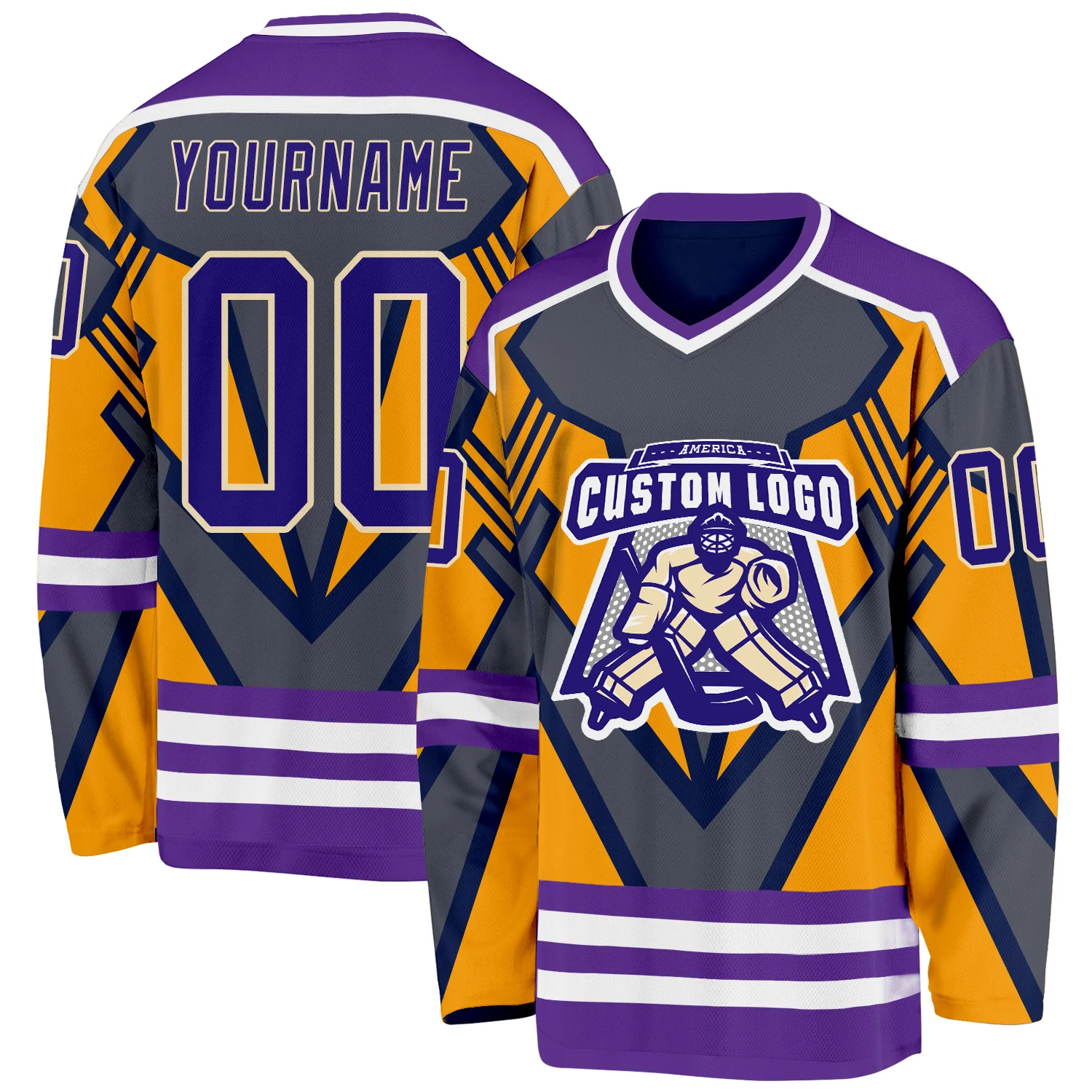 Custom Gray Dark Purple Yellow Cream-White 3D Pattern Cyber Mecha E-sport Hockey Jersey - Image 2