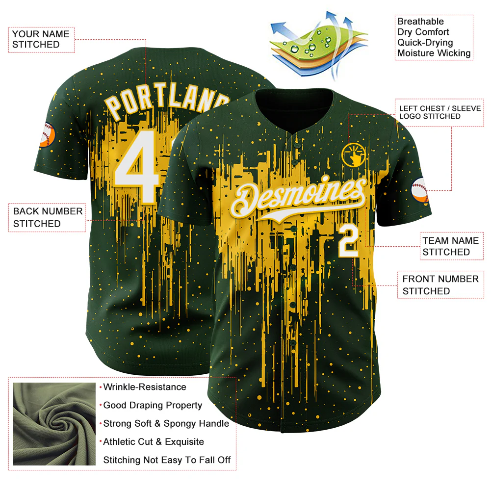 Custom Green White-Yellow Dripping Splatter Paint Authentic Baseball Jersey - Image 3