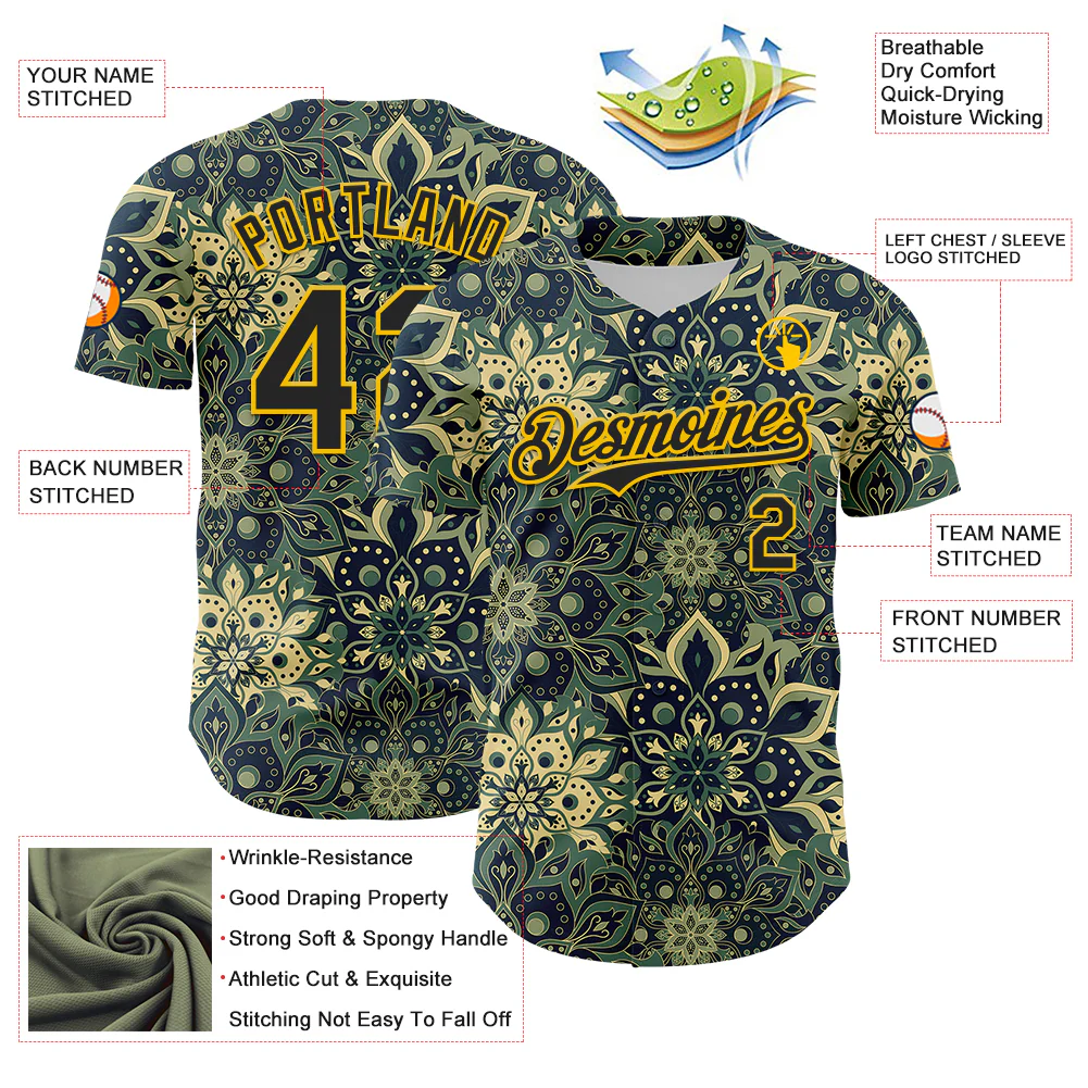 Custom Green Black-Yellow 3D Pattern Design Burner Costumes Paisley Bandana Authentic Baseball Jersey - Image 3