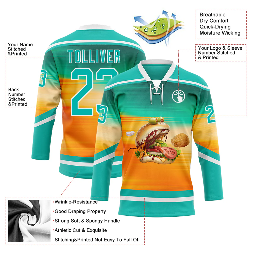 Custom Green Aqua Yellow-White Foodie Funny Hamberger Hockey Lace Neck Jersey - Image 4
