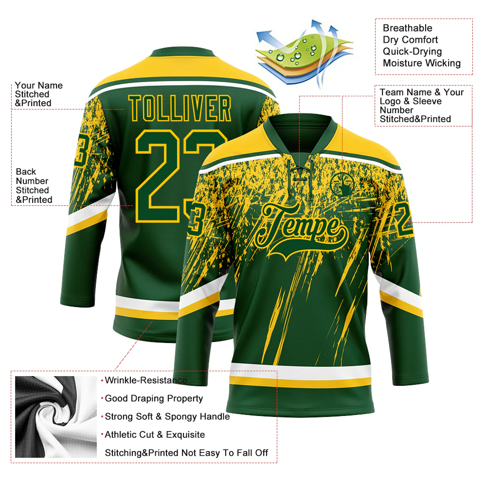 Custom Green Yellow-White 3D Splash Hockey Lace Neck Jersey - Image 3