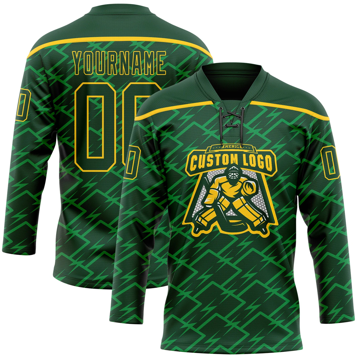 Custom Green Yellow Lightning Hockey Lace Neck Jersey - Image 2