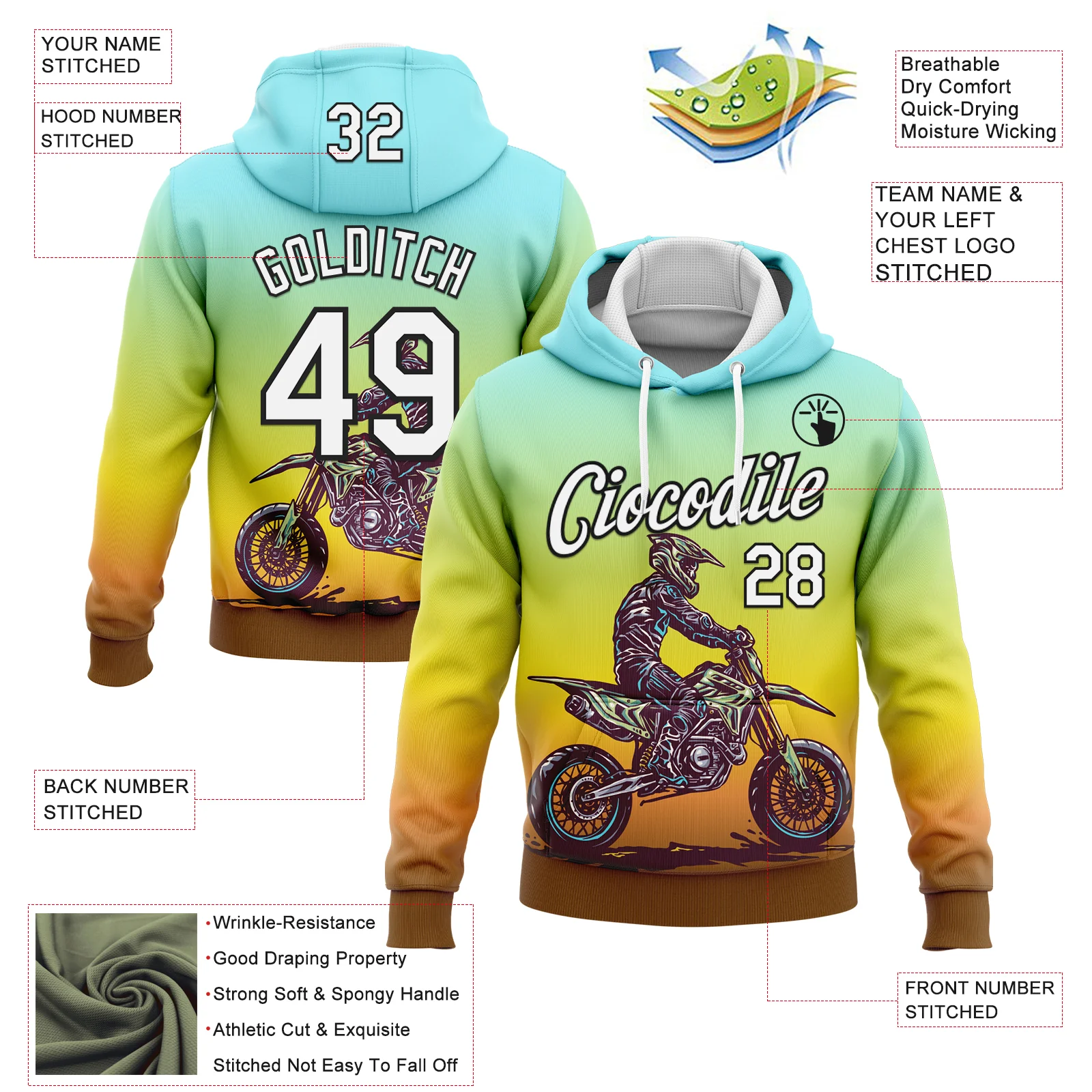 Custom Stitched Green White Yellow Brown-Black 3D Pattern Design Motorcycle Motocross Racing Sports Pullover Sweatshirt Hoodie - Image 2