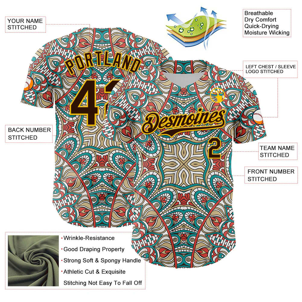 Custom Green Brown-Yellow 3D Pattern Design Burner Costumes Exotic Authentic Baseball Jersey - Image 3