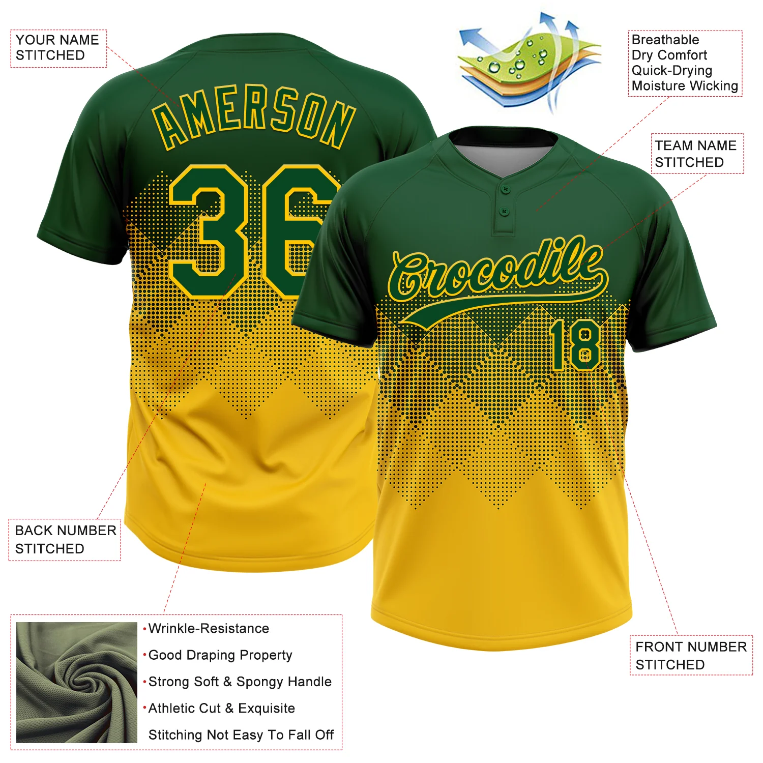 Custom Green Yellow 3D Gradient Square Shape Two-Button Unisex Softball Jersey - Image 3