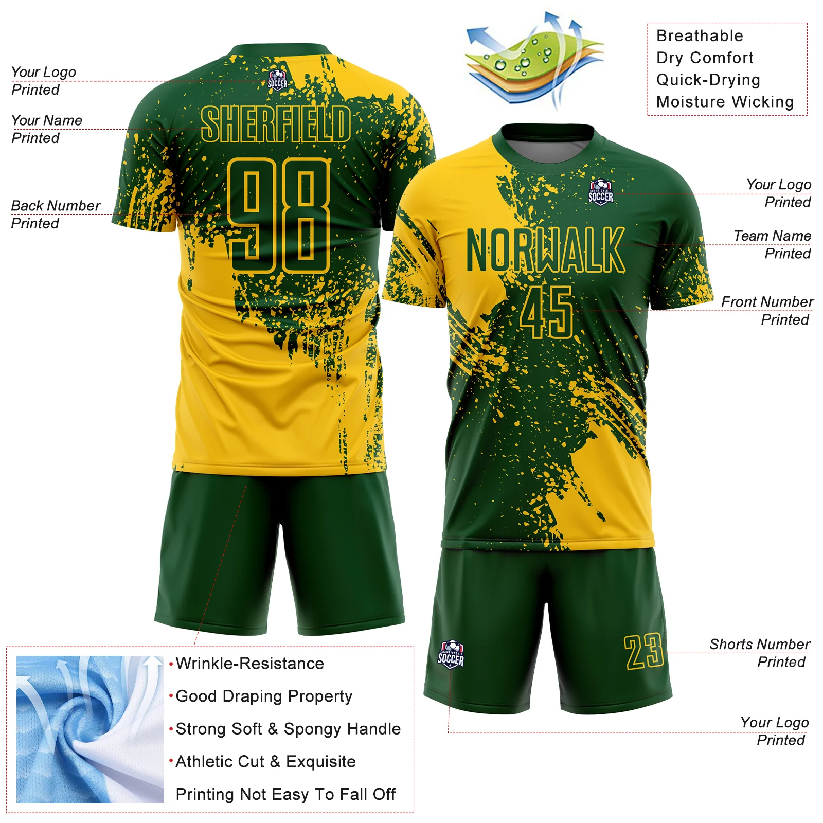 Custom Green Yellow Abstract Brush Stroke Sports Sublimation Soccer Uniform Jersey - Image 4