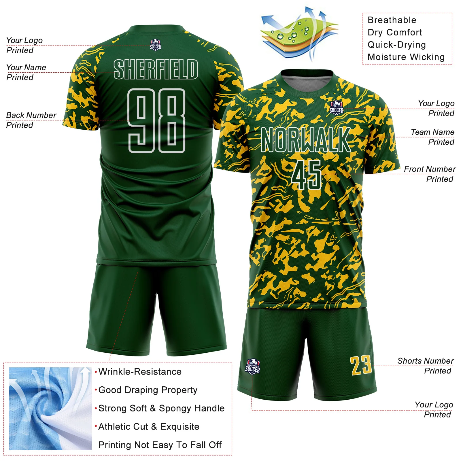 Custom Green Yellow-White Liquid Fluid Pattern Sports Sublimation Soccer Uniform Jersey - Image 4