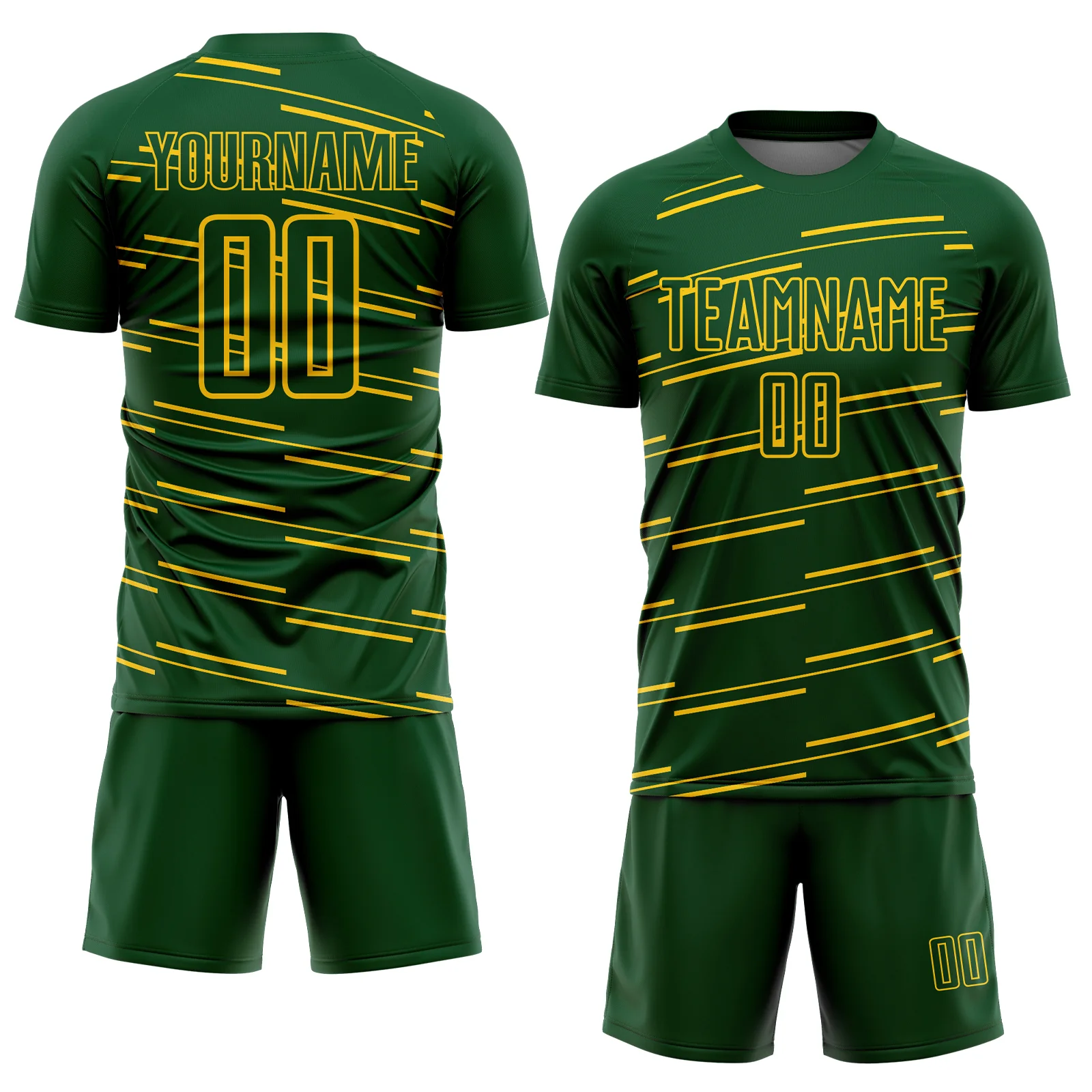 Custom Green Yellow Diagonal Pinstripes Lines Sports Sublimation Soccer Uniform Jersey - Image 2