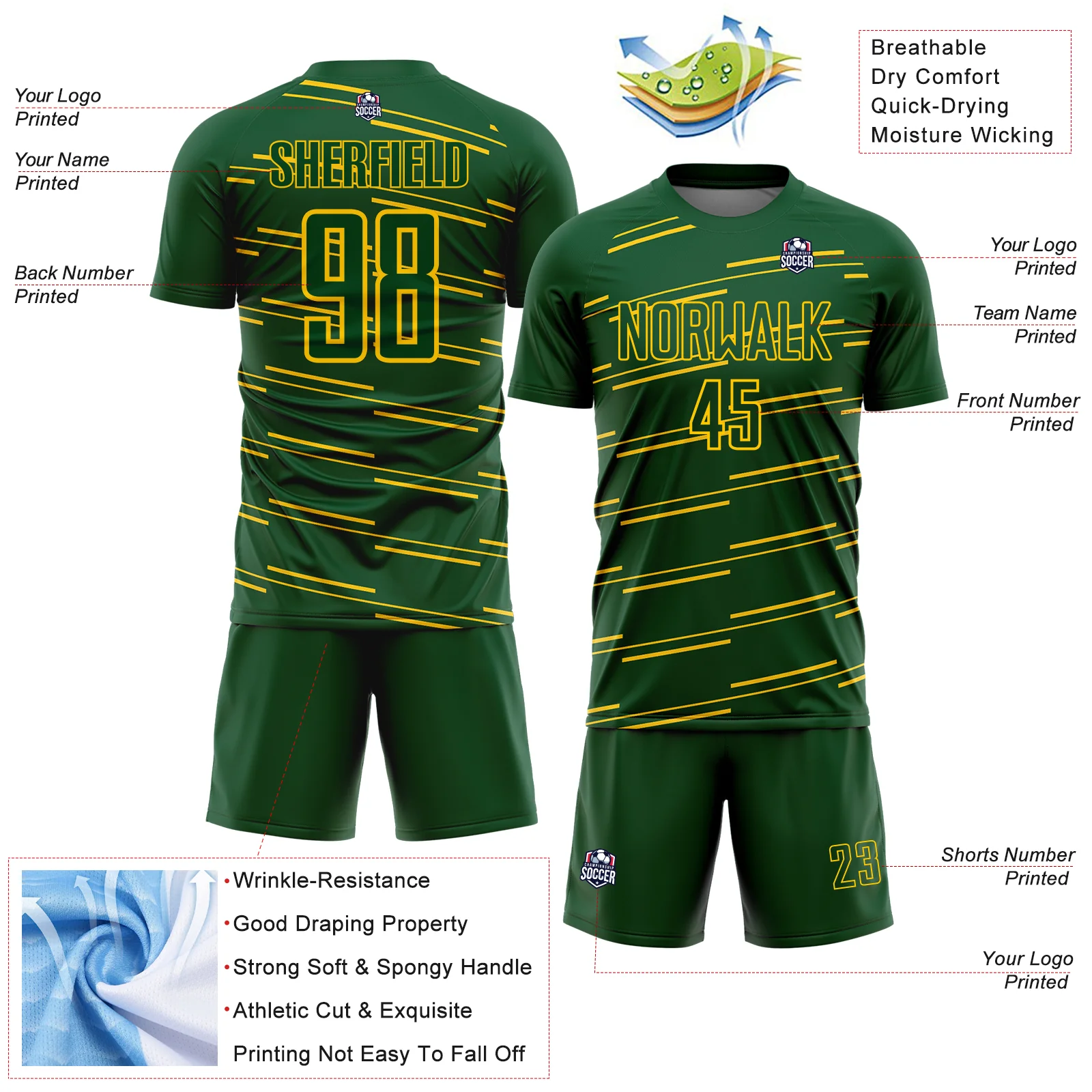 Custom Green Yellow Diagonal Pinstripes Lines Sports Sublimation Soccer Uniform Jersey - Image 4
