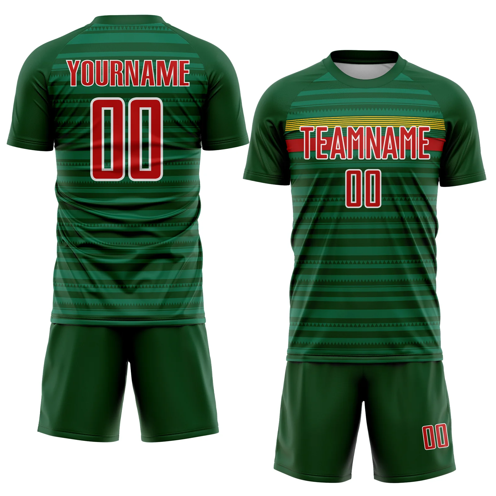 Custom Green Red Yellow-White Colombia Horizontal Stripes Geometric Aztec Tribal Pattern Sublimation Soccer Uniform Jersey - Image 2