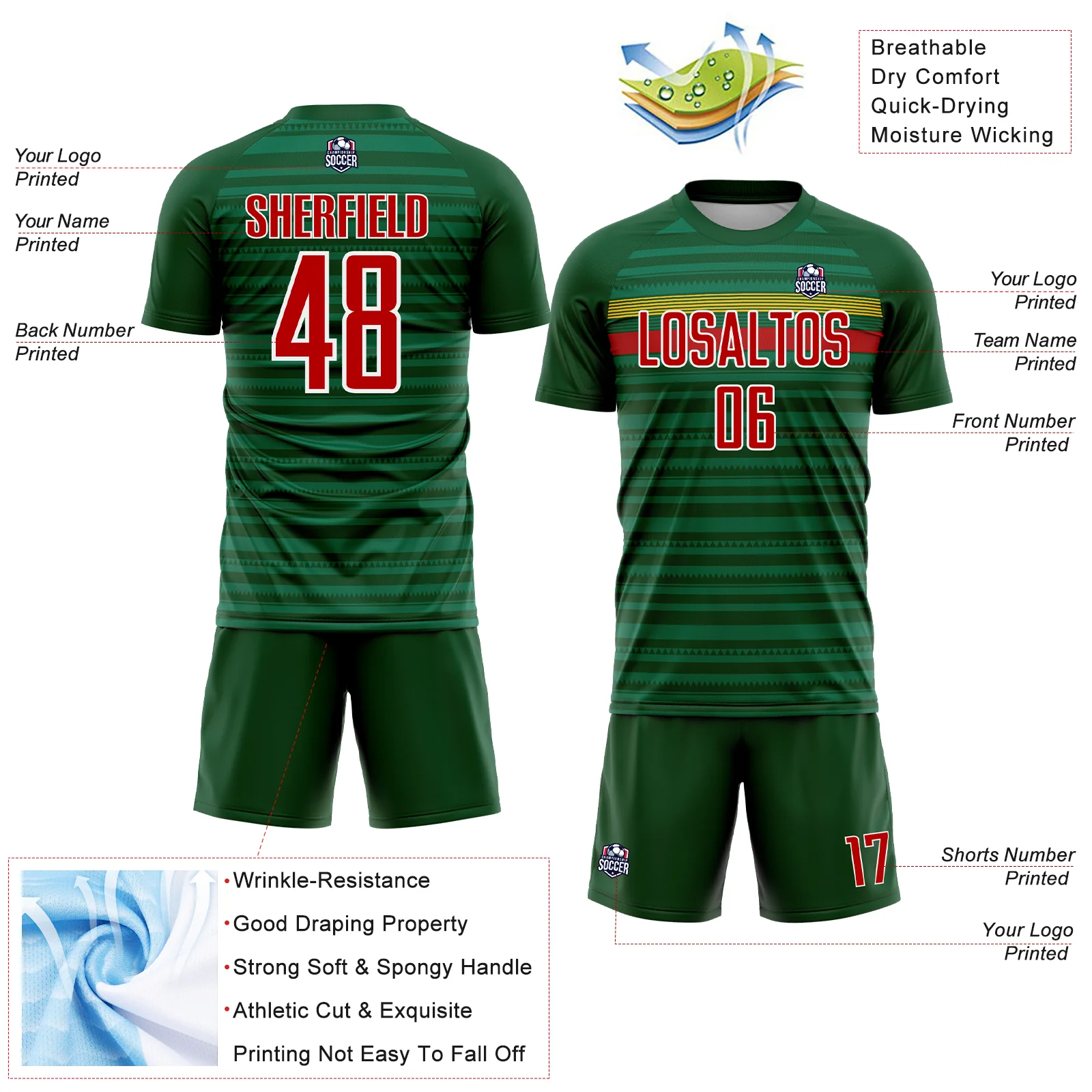 Custom Green Red Yellow-White Colombia Horizontal Stripes Geometric Aztec Tribal Pattern Sublimation Soccer Uniform Jersey - Image 4