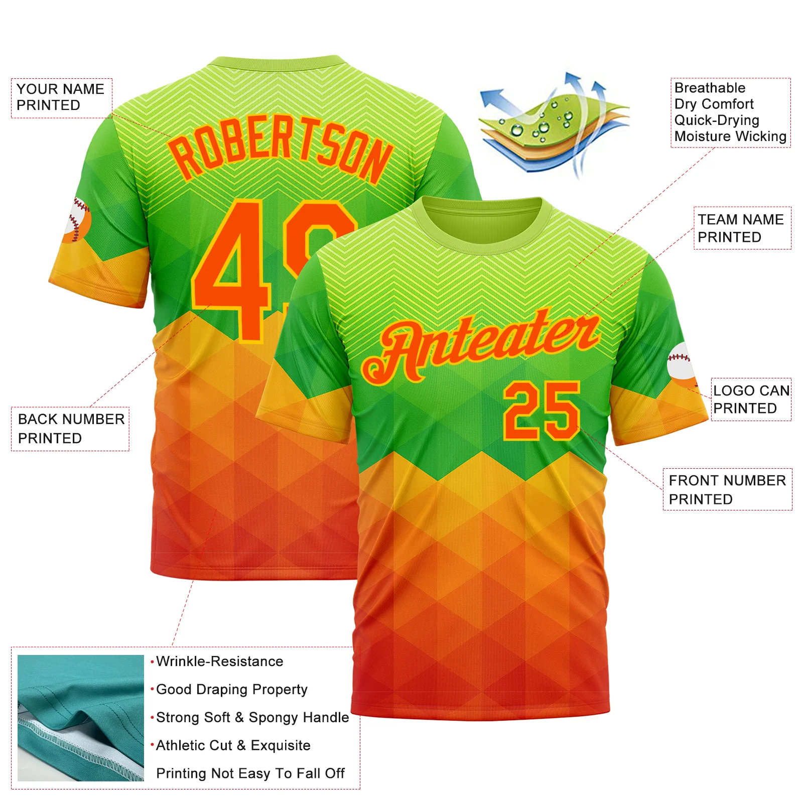 Custom Green Orange-Yellow 3D Pattern Design Gradient Sportswear Performance T-Shirt - Image 2