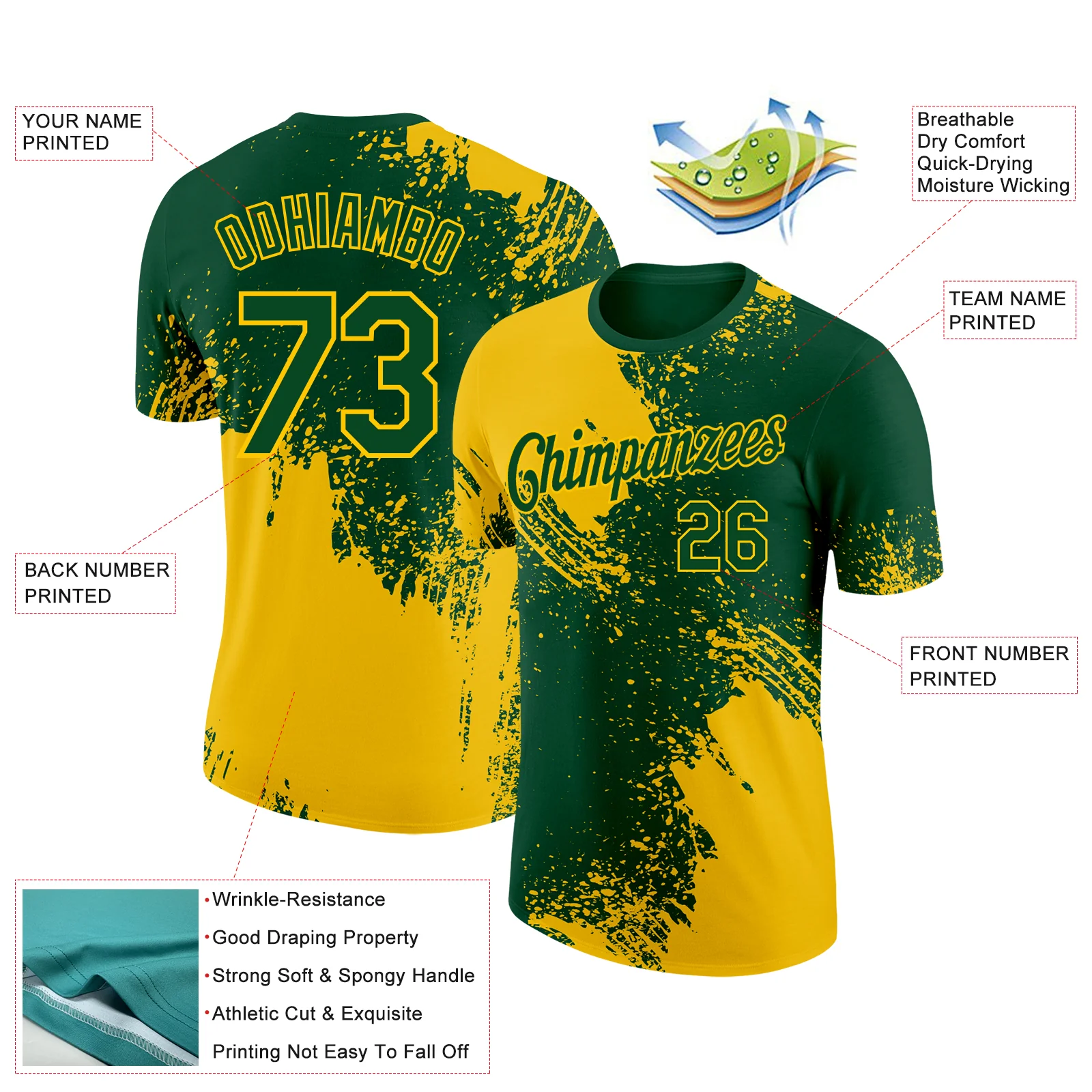 Custom Green Yellow 3D Pattern Design Abstract Brush Stroke Performance T-Shirt - Image 2