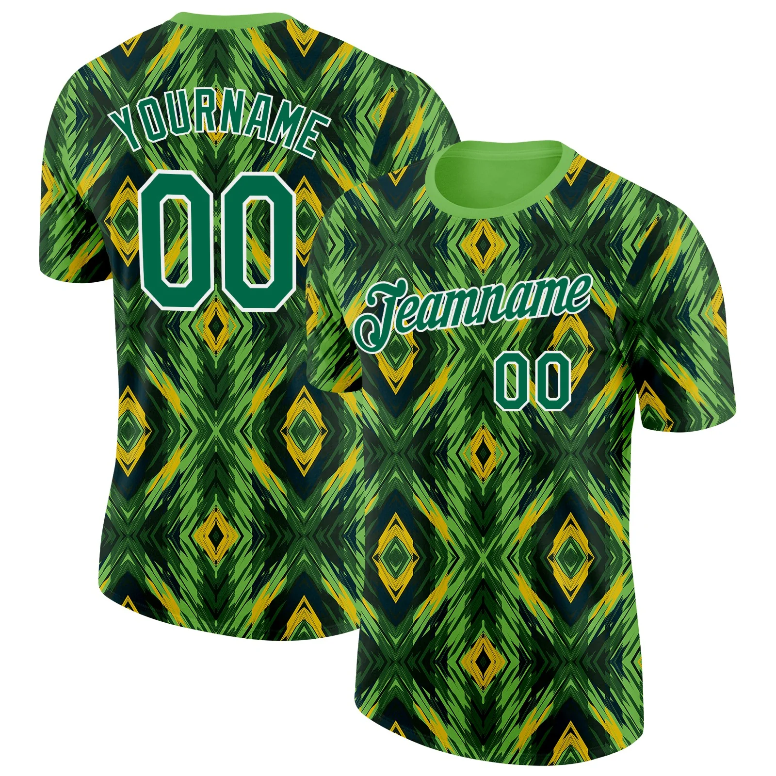 Custom Green Kelly Green Yellow Black-White Brazil Geometric Shape Soccer Jersey Performance T-Shirt