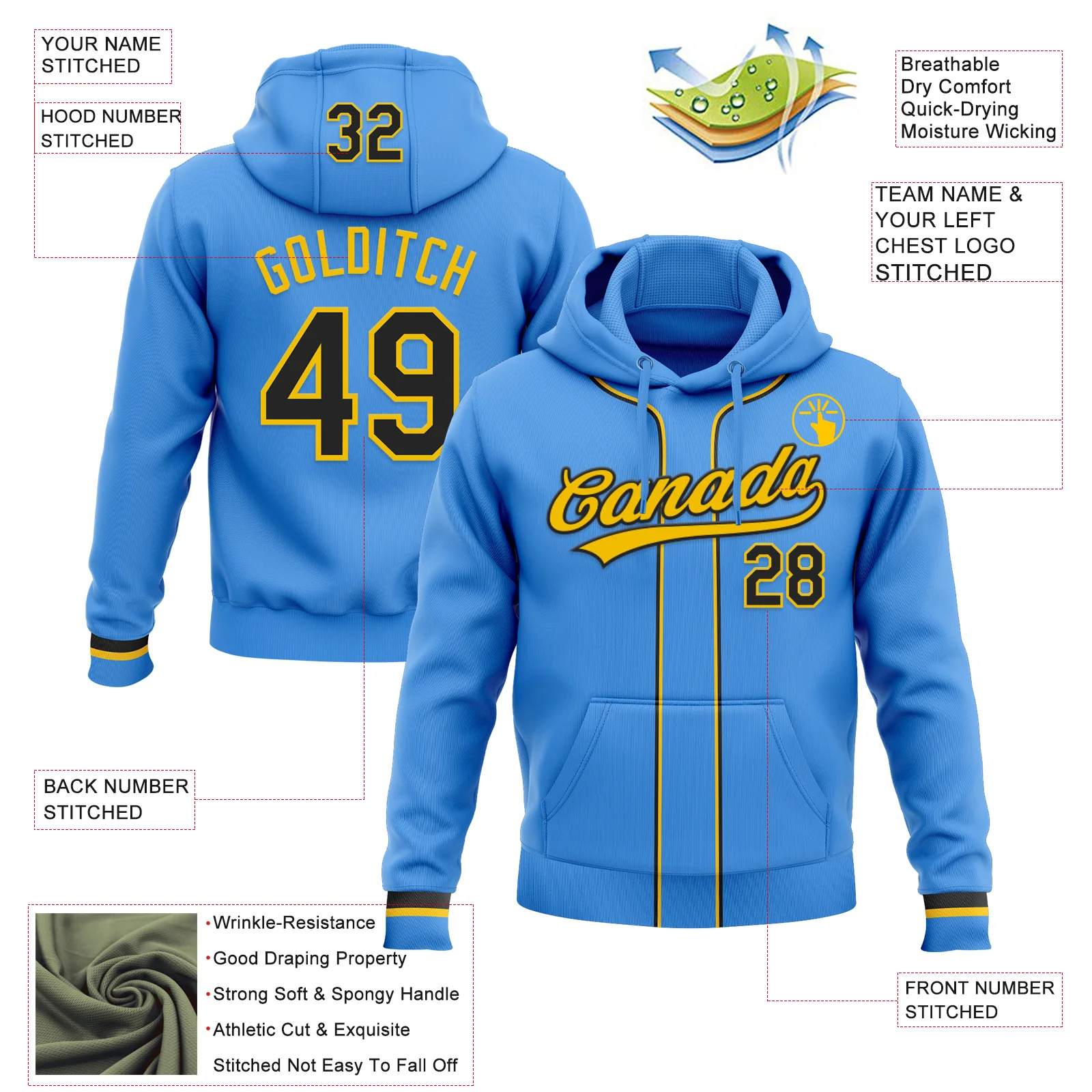 Custom Stitched Powder Blue Black-Yellow Baseball Pullover Sweatshirt Hoodie - Image 2