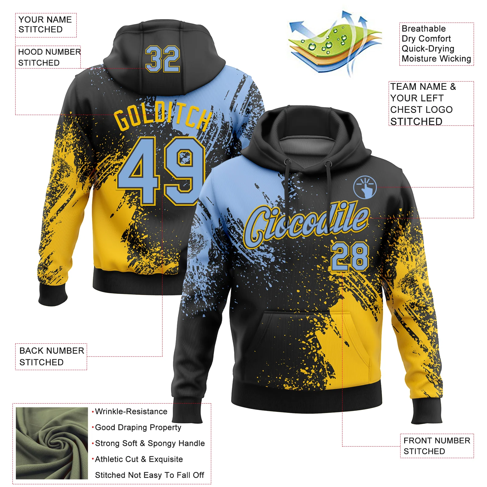Custom Stitched Black Light Blue-Yellow 3D Pattern Design Abstract Brush Stroke Sports Pullover Sweatshirt Hoodie - Image 2