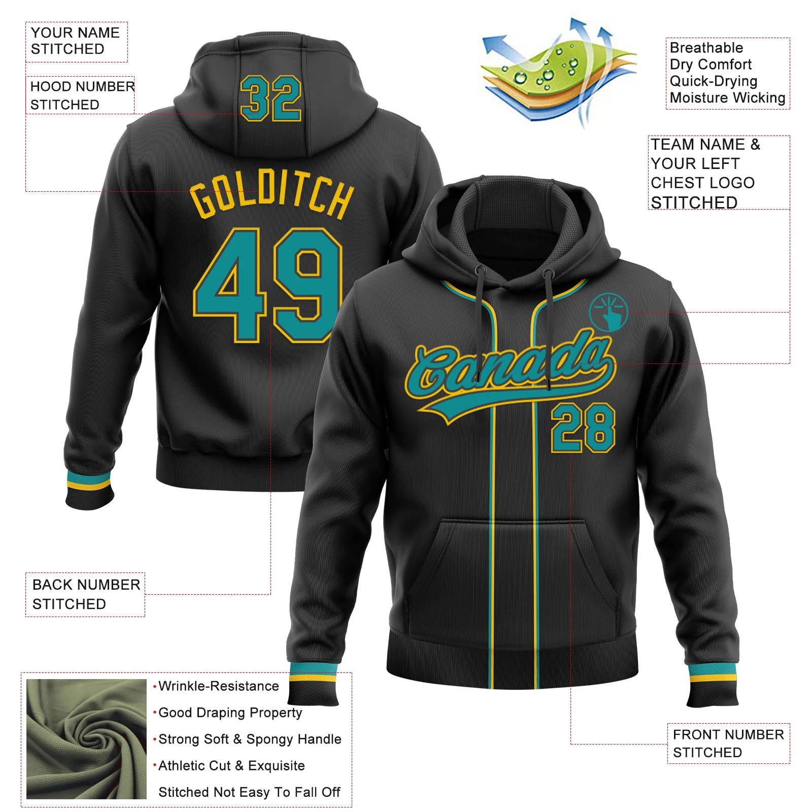 Custom Stitched Black Teal-Yellow Baseball Pullover Sweatshirt Hoodie - Image 2