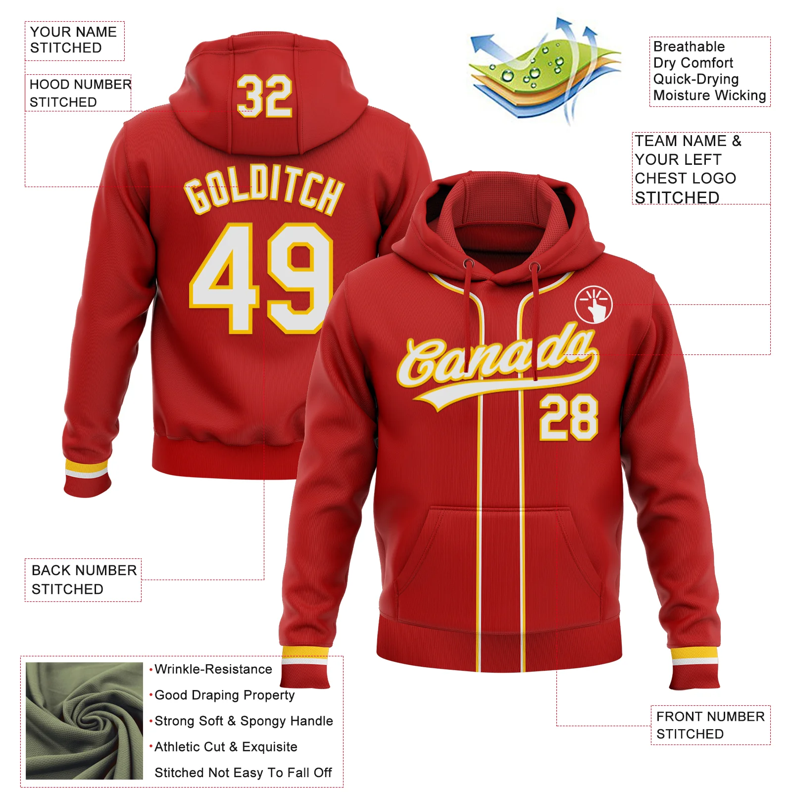 Custom Stitched Red White-Yellow Baseball Pullover Sweatshirt Hoodie - Image 2