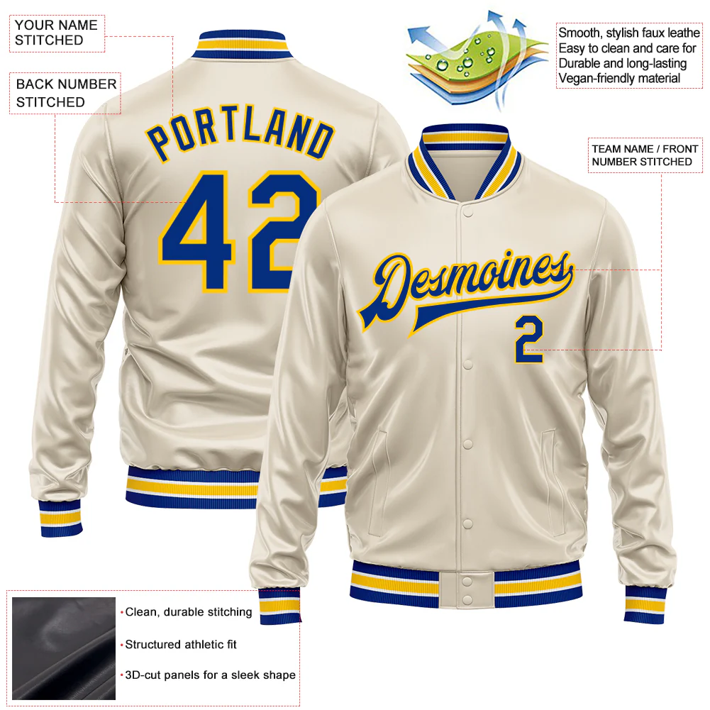 Custom Cream Royal-Yellow Bomber Full-Snap Varsity Faux Leather Letterman Jacket - Image 2