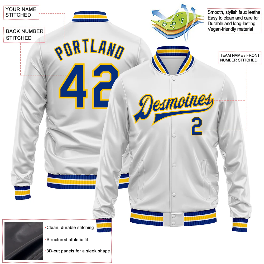 Custom White Royal-Yellow Bomber Full-Snap Varsity Faux Leather Letterman Jacket - Image 2