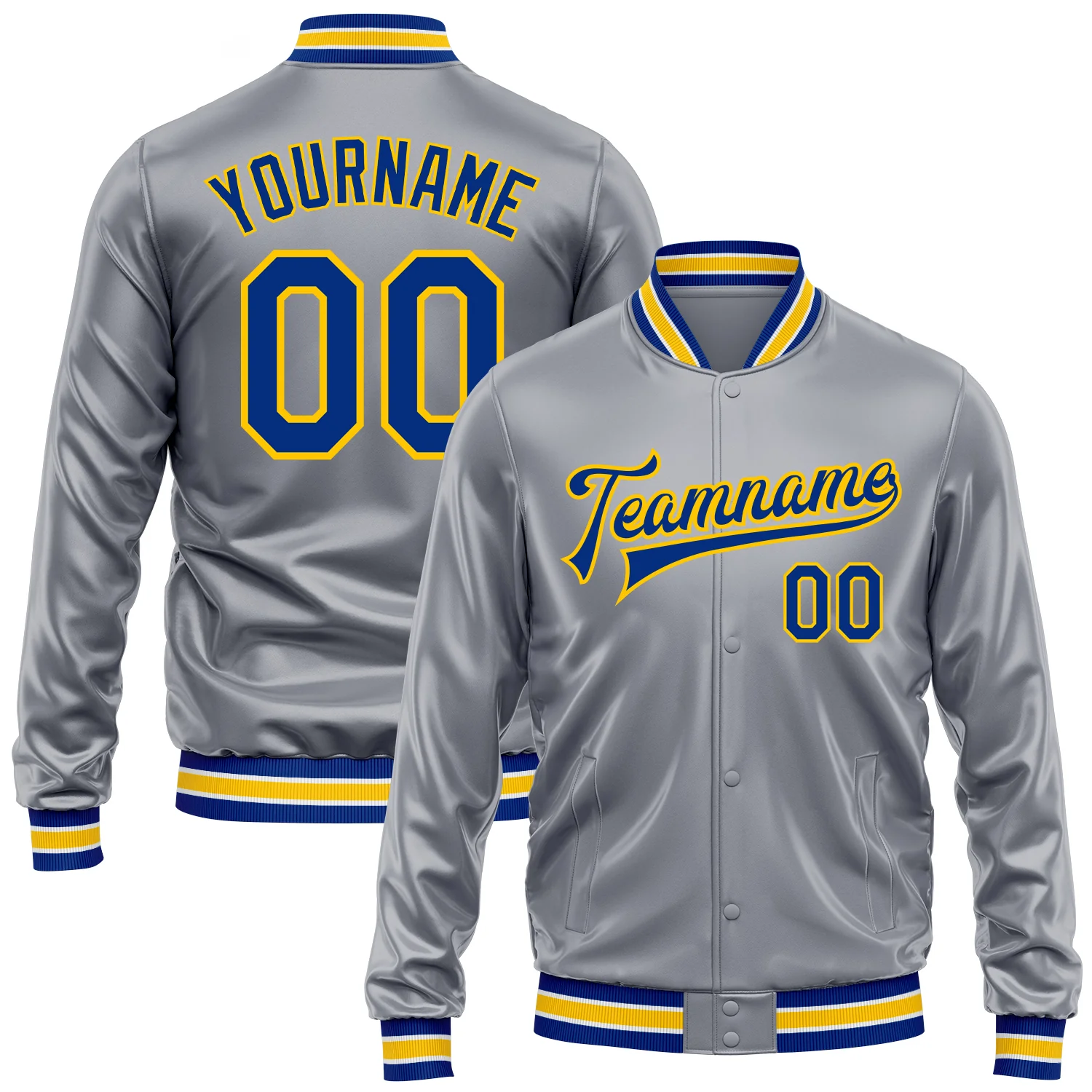 Custom Gray Royal-Yellow Bomber Full-Snap Varsity Faux Leather Letterman Jacket