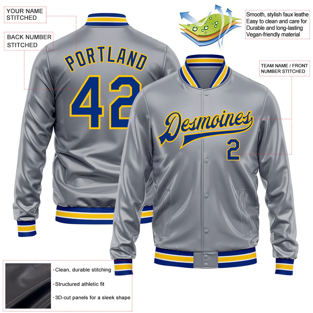 Custom Gray Royal-Yellow Bomber Full-Snap Varsity Faux Leather Letterman Jacket - Image 2