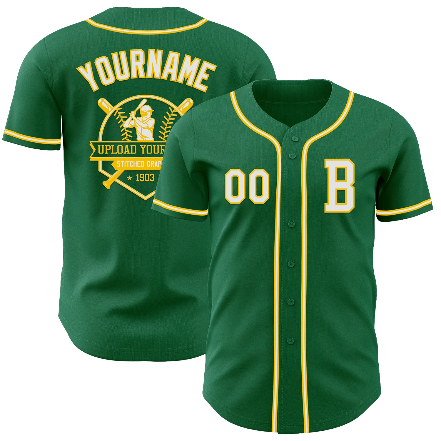 Custom Kelly Green White-Yellow Authentic Baseball Jersey - Image 5