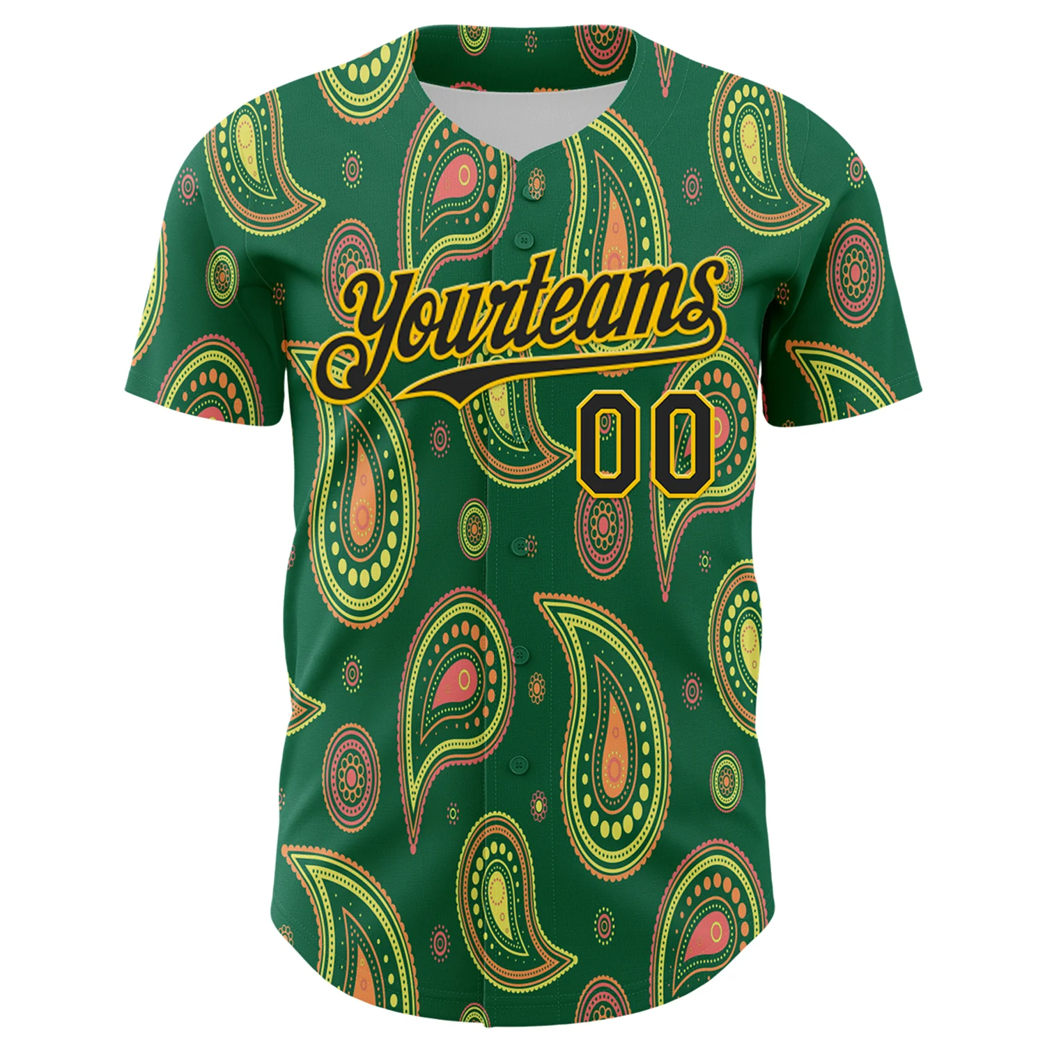 Custom Kelly Green Black-Yellow 3D Pattern Design Burner Costumes Paisley Bandana Authentic Baseball Jersey - Image 2