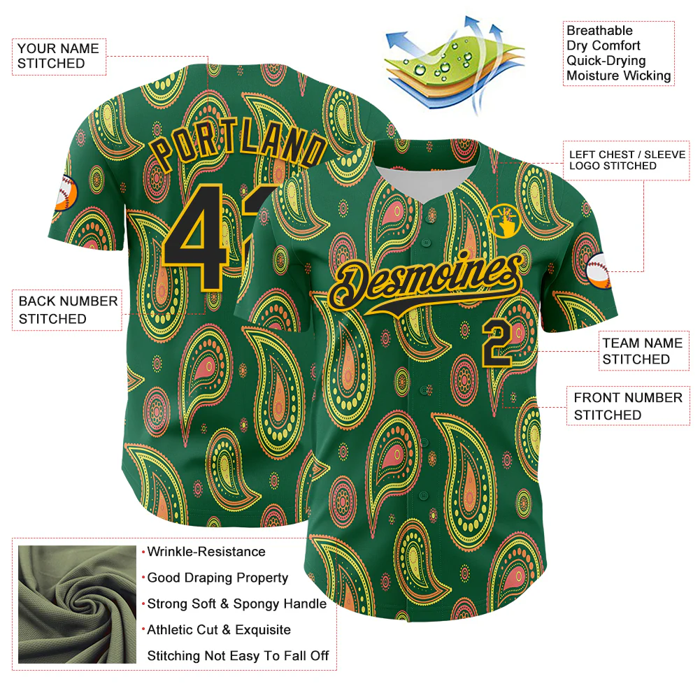 Custom Kelly Green Black-Yellow 3D Pattern Design Burner Costumes Paisley Bandana Authentic Baseball Jersey - Image 3