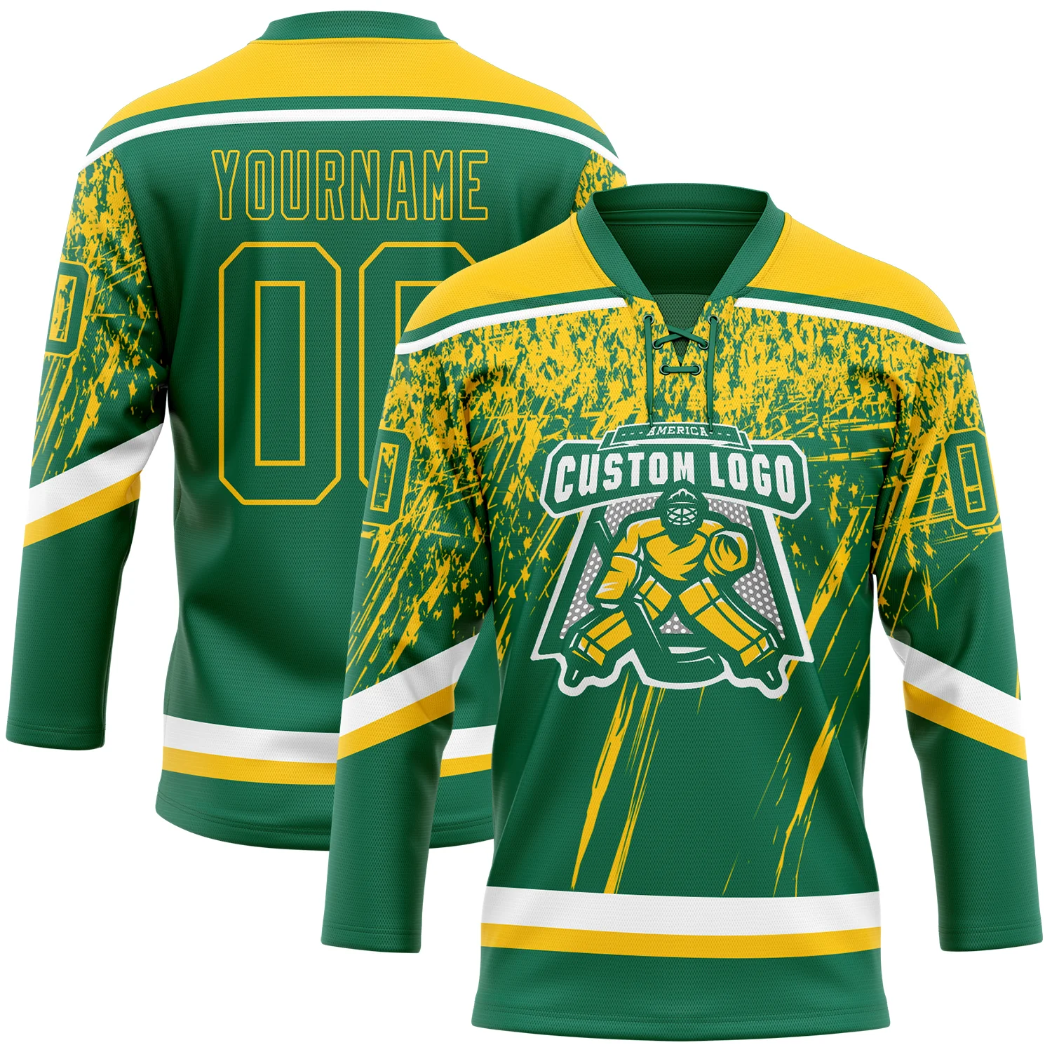 Custom Kelly Green Yellow-White 3D Splash Hockey Lace Neck Jersey - Image 2