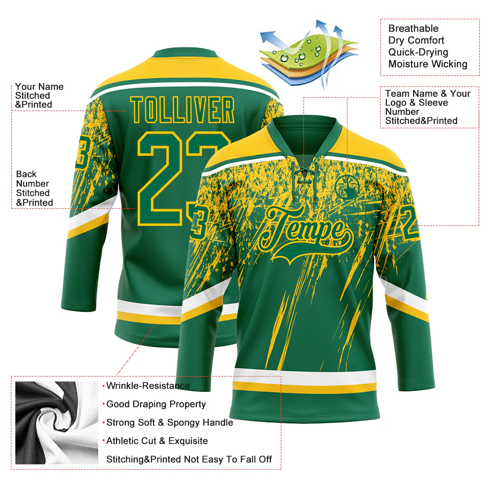 Custom Kelly Green Yellow-White 3D Splash Hockey Lace Neck Jersey - Image 3