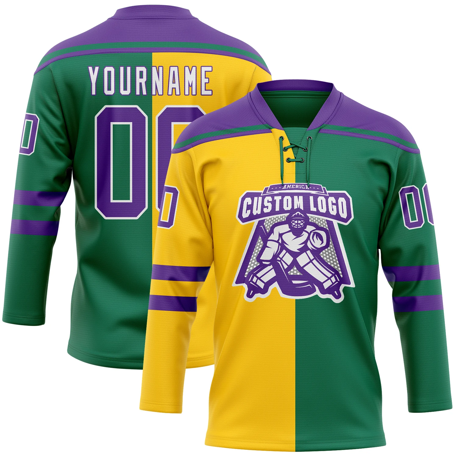 Custom Kelly Green Purple Yellow-White Split Fashion Hockey Lace Neck Jersey - Image 2