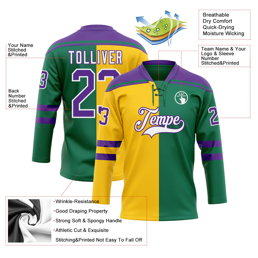 Custom Kelly Green Purple Yellow-White Split Fashion Hockey Lace Neck Jersey - Image 5
