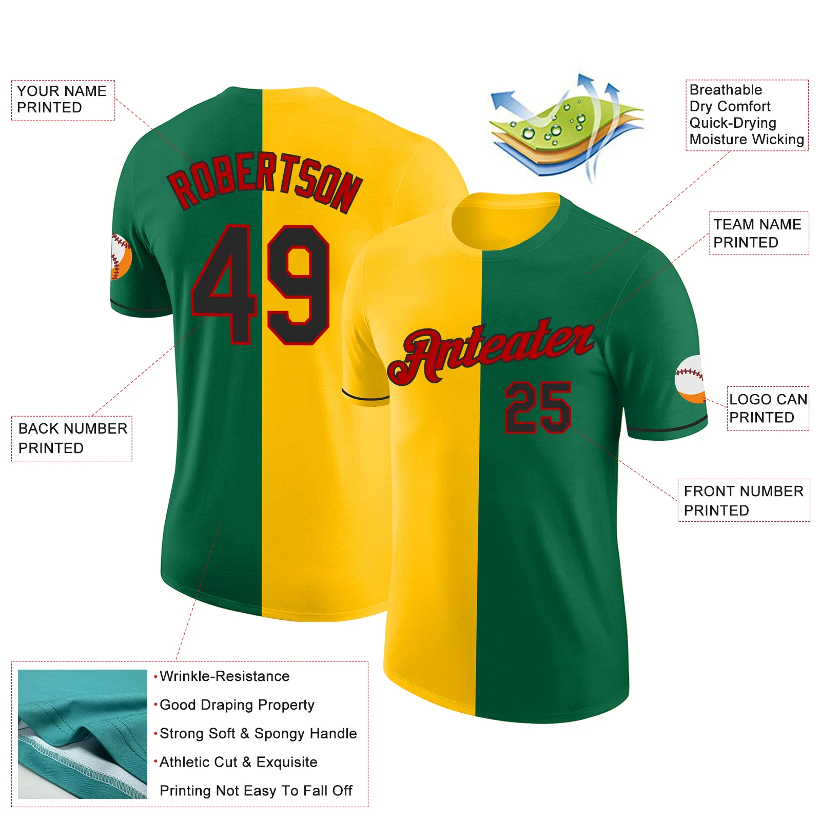 Custom Kelly Green Black Yellow-Red Split Fashion Performance T-Shirt - Image 2