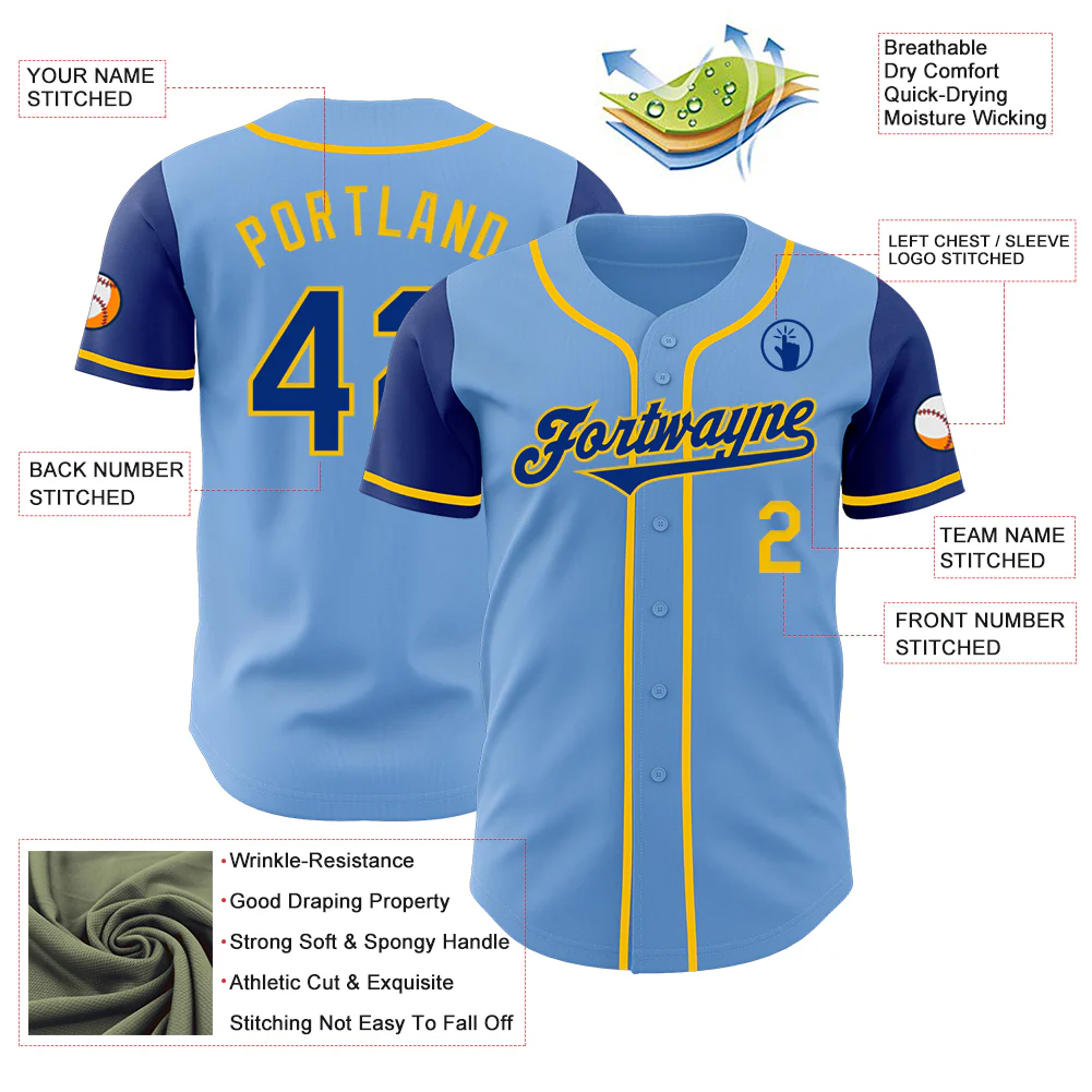 Custom Light Blue Royal-Yellow Authentic Two Tone Baseball Jersey - Image 3