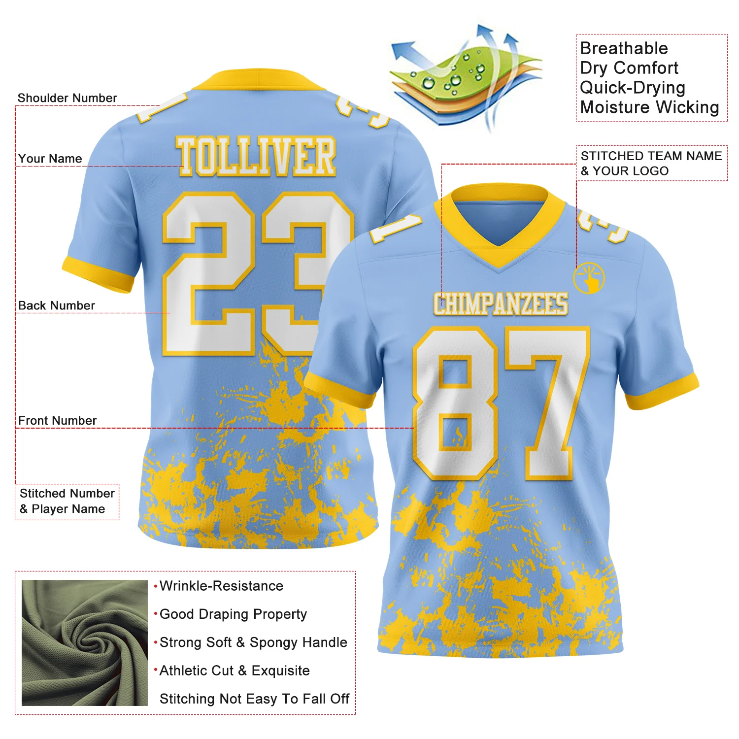 Custom Light Blue White-Yellow 3D Pattern Splash Authentic Football Jersey - Image 2