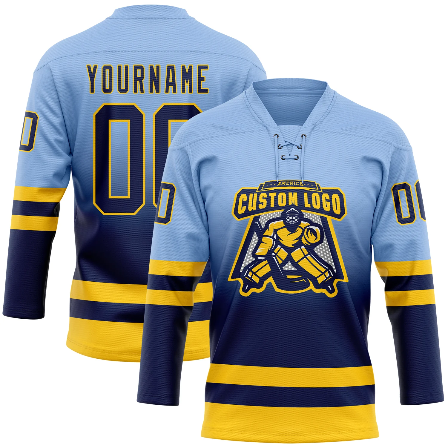 Custom Light Blue Navy-Yellow Fade Fashion Hockey Lace Neck Jersey - Image 2