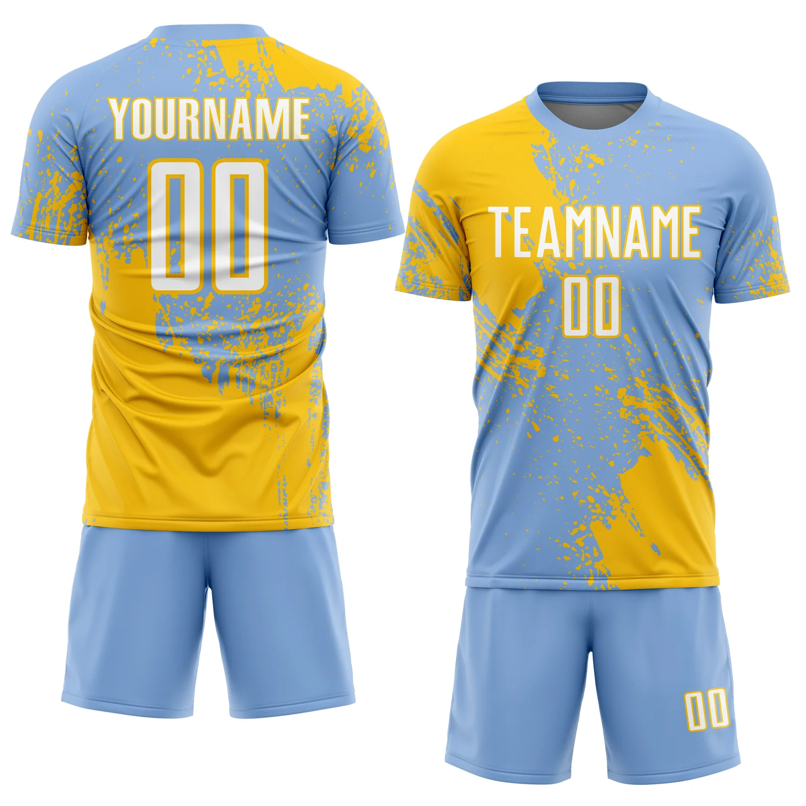 Custom Light Blue White-Yellow Abstract Brush Stroke Sports Sublimation Soccer Uniform Jersey - Image 2