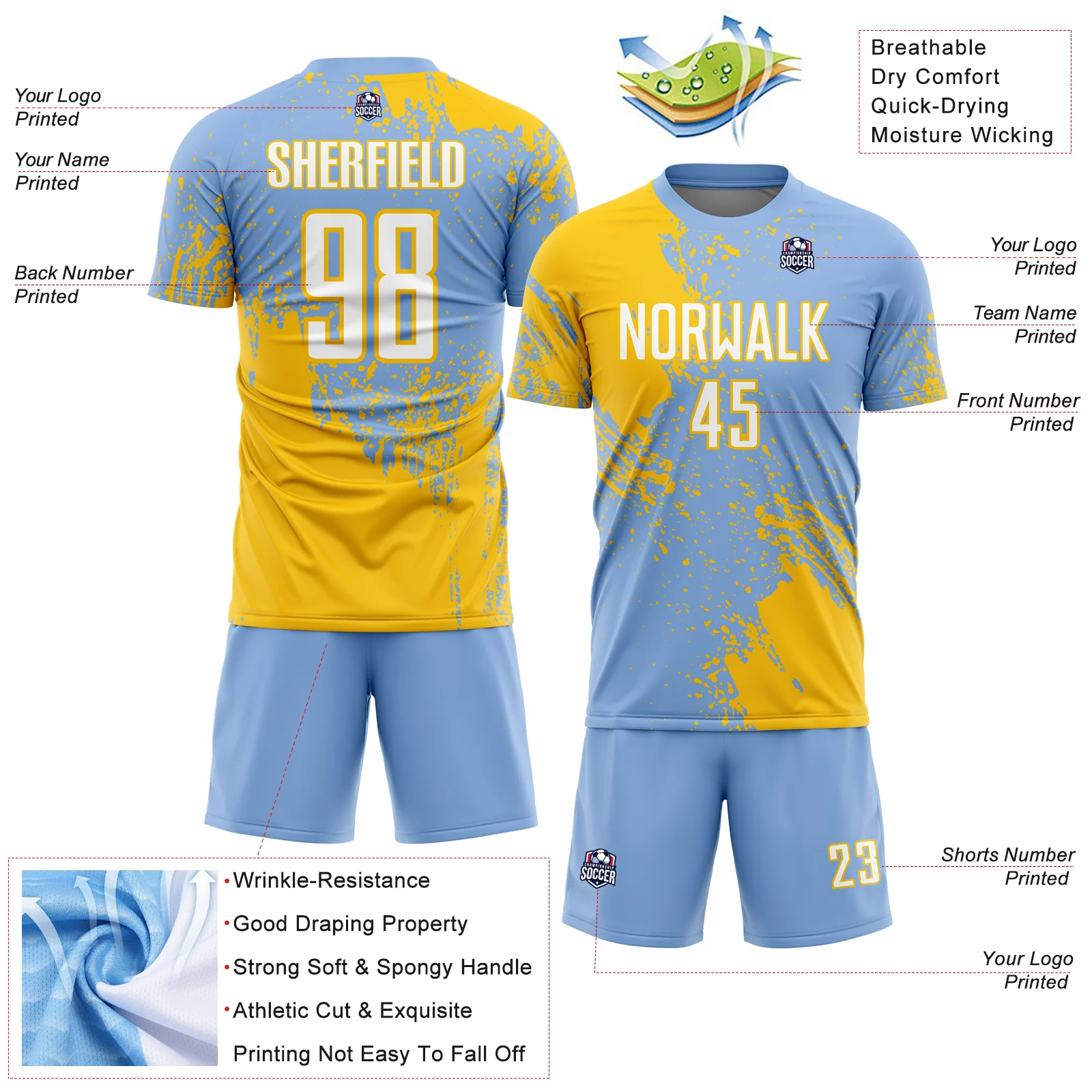 Custom Light Blue White-Yellow Abstract Brush Stroke Sports Sublimation Soccer Uniform Jersey - Image 4