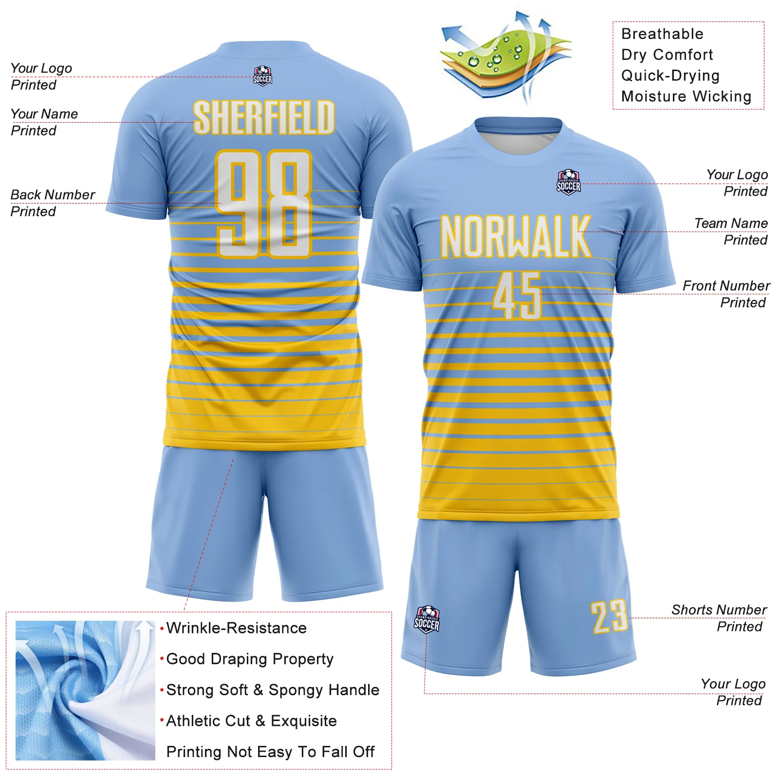 Custom Light Blue White-Yellow Gradient Pinstripe Sublimation Soccer Uniform Jersey - Image 4